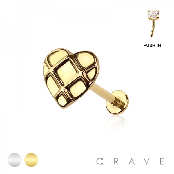 WAFFLE HEART THREADLESS (PUSH IN) 316L SURGICAL STEEL LABRET SET